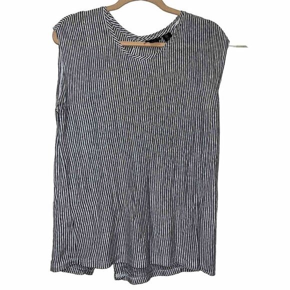 Tahari‎ Womens Linen Blouse Size M White Blue Striped Sleeveless Button Back - Picture 1 of 7